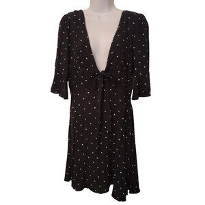 Free People 4 Black White Polka Dot Midi Dress Tie Front Flared Sleeves ALL YOUR